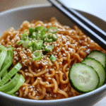 Close-up bowl of sesame noodles coated in glossy sauce with sesame seeds and green onions