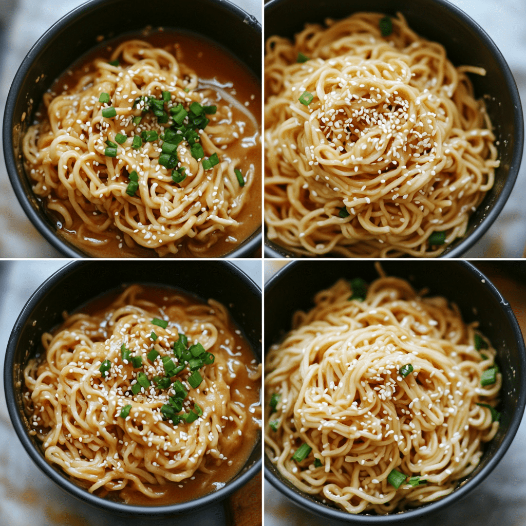 Four-panel collage showing boiling noodles, whisking sesame sauce, tossing noodles with sauce, and finished sesame noodles with garnishes