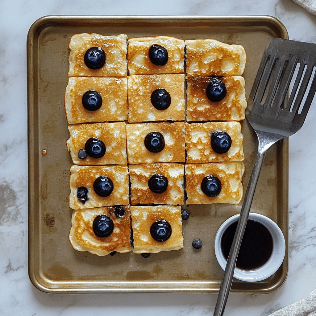 Sheet pan pancakes baked on a baking sheet and cut into squares with blueberries and chocolate chips