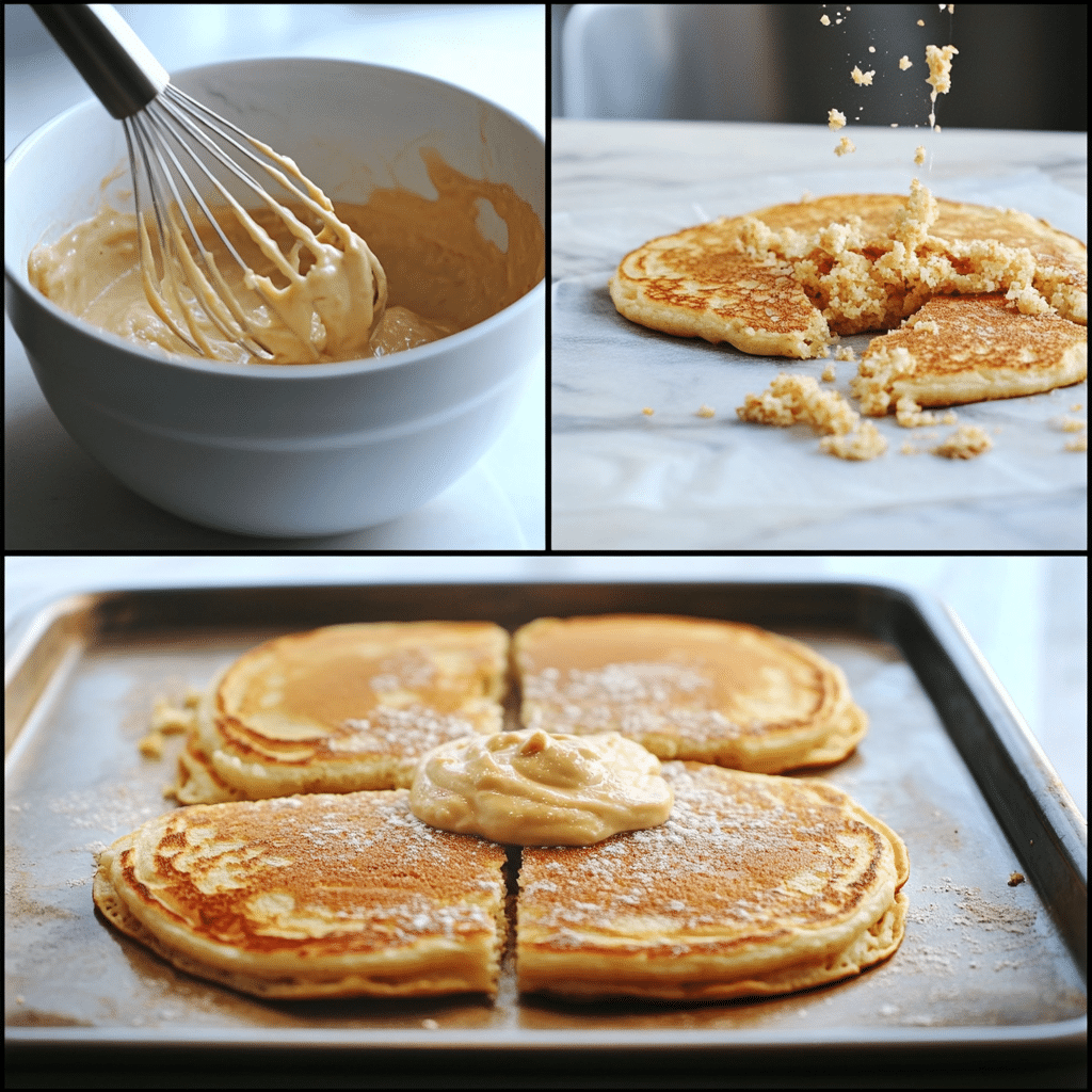 Four-panel collage showing mixing batter, pouring onto a baking sheet, adding toppings, and slicing baked sheet pan pancakes