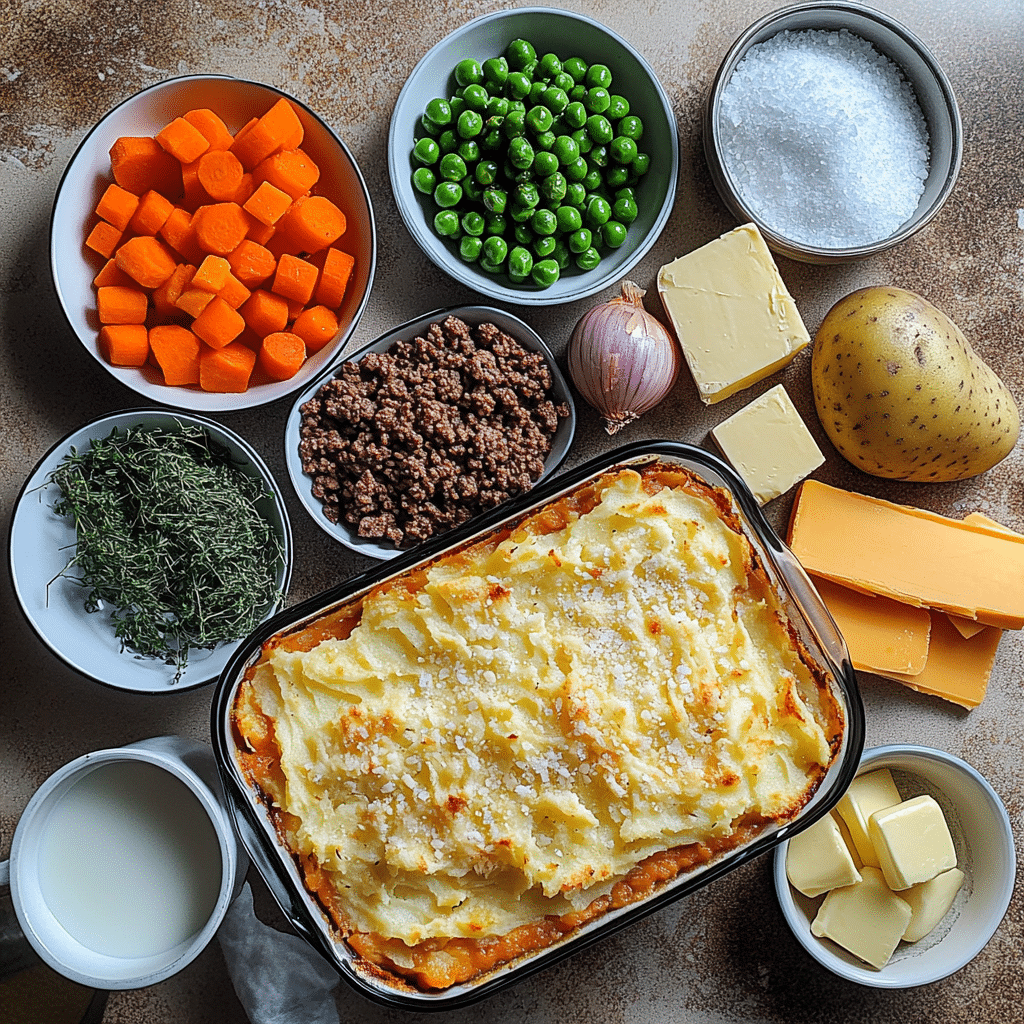 Overhead ingredients for shepherd’s pie including potatoes, ground meat, vegetables, broth, seasonings, and butter and milk for mashed potatoes