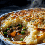 Close-up of shepherd’s pie with browned mashed potato topping and a scoop showing the meat and vegetable filling