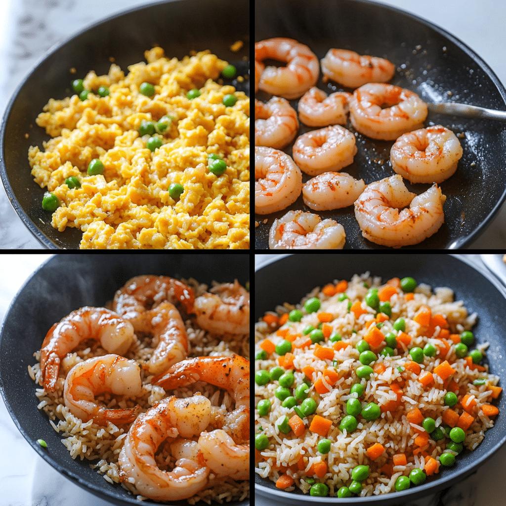 Four-panel collage showing shrimp fried rice cooking steps in a skillet