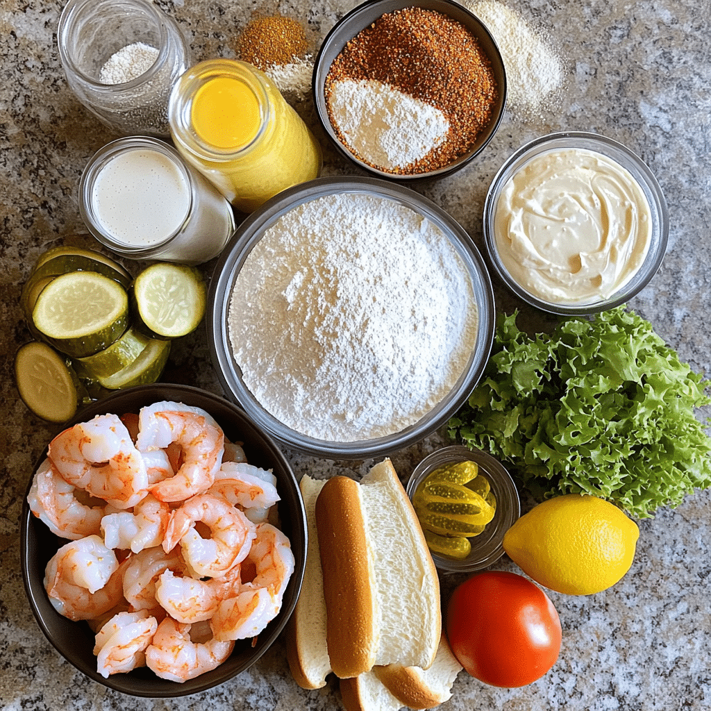 Overhead ingredients for shrimp po boy including shrimp, breading station, rolls, lettuce, tomato, pickles, and sauce ingredients