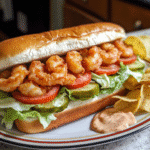 Close-up of a shrimp po boy with crispy shrimp, lettuce, tomato, pickles, and remoulade on a toasted roll