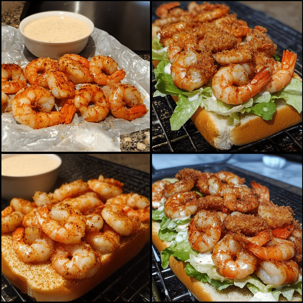 Four-panel collage showing seasoning shrimp, breading, frying until golden, and assembling the shrimp po boy with toppings and sauce
