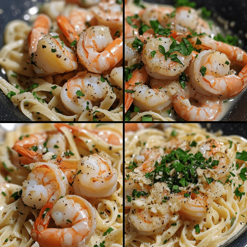 Four-panel collage showing cooking shrimp, adding garlic and wine, tossing with pasta, and garnishing with parsley