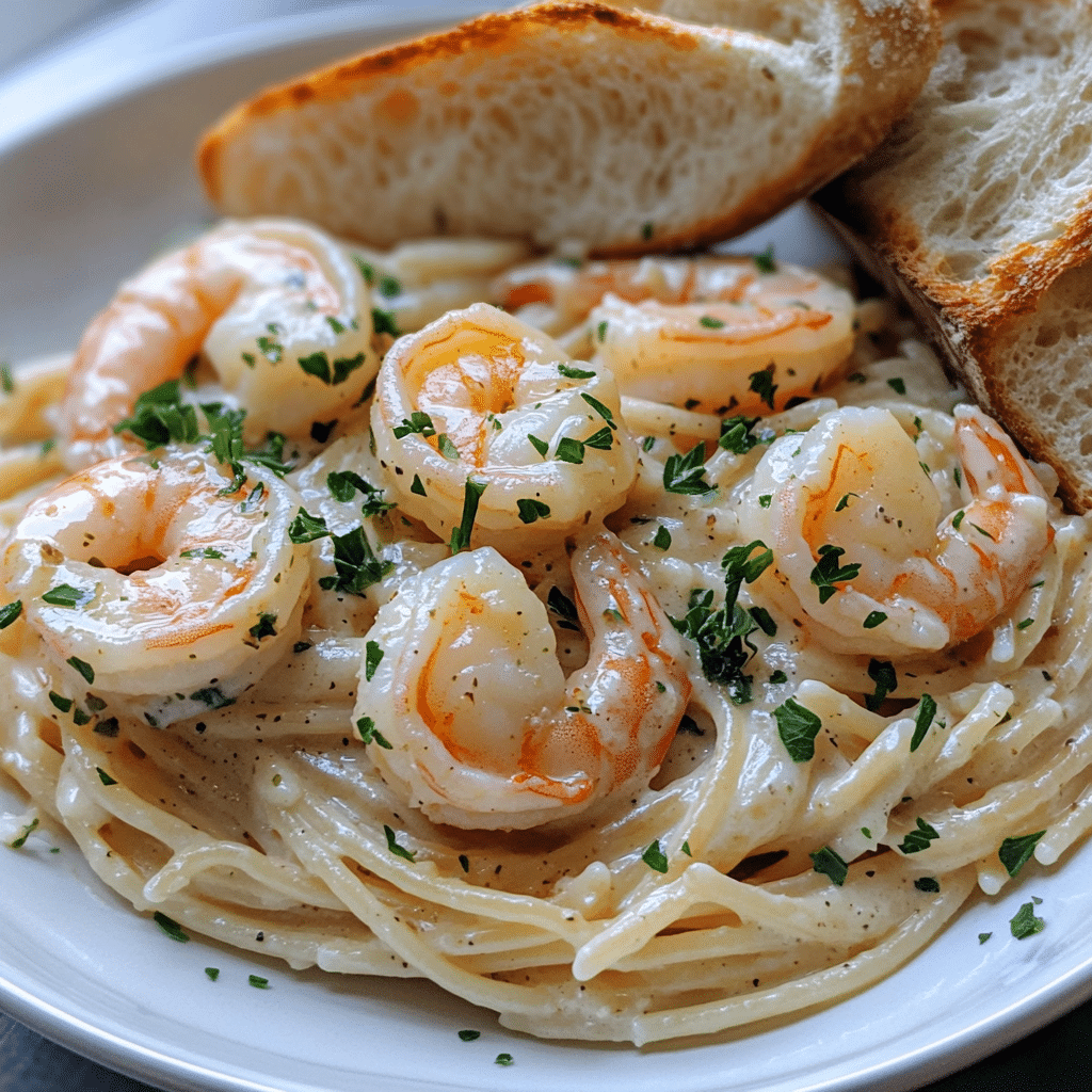 Shrimp Scampi pasta with shrimp in a garlic butter sauce and fresh parsley