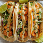 Shrimp tacos with cabbage slaw and creamy lime sauce on corn tortillas