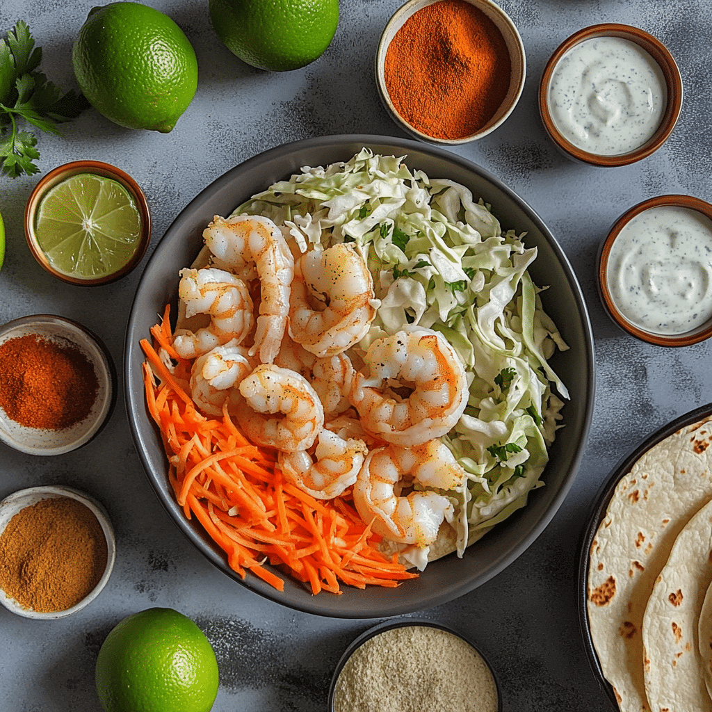 Ingredients for shrimp tacos with slaw including shrimp, cabbage, tortillas, and limes