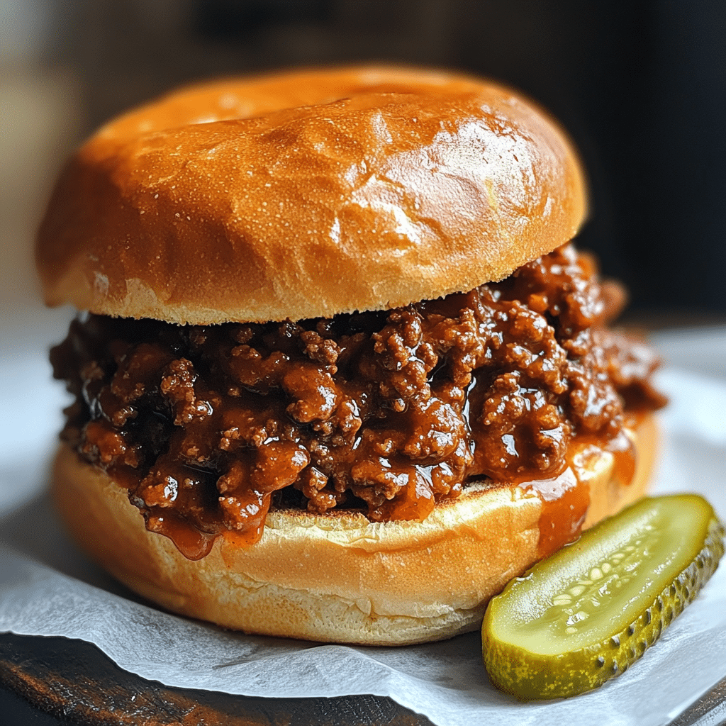 Close-up of sloppy joe sandwich with saucy ground beef filling on a toasted bun