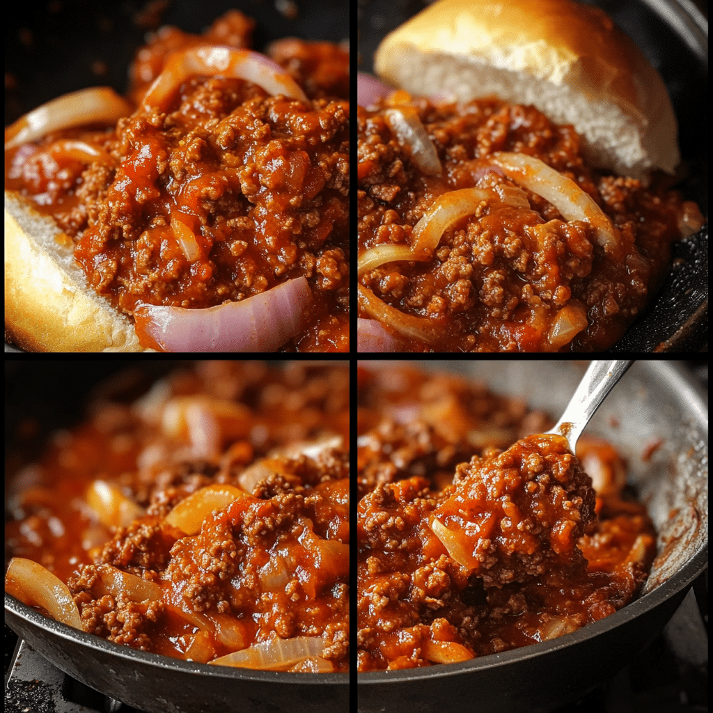 Four-panel collage showing browning beef, mixing sauce, simmering to thicken, and serving sloppy joes on buns