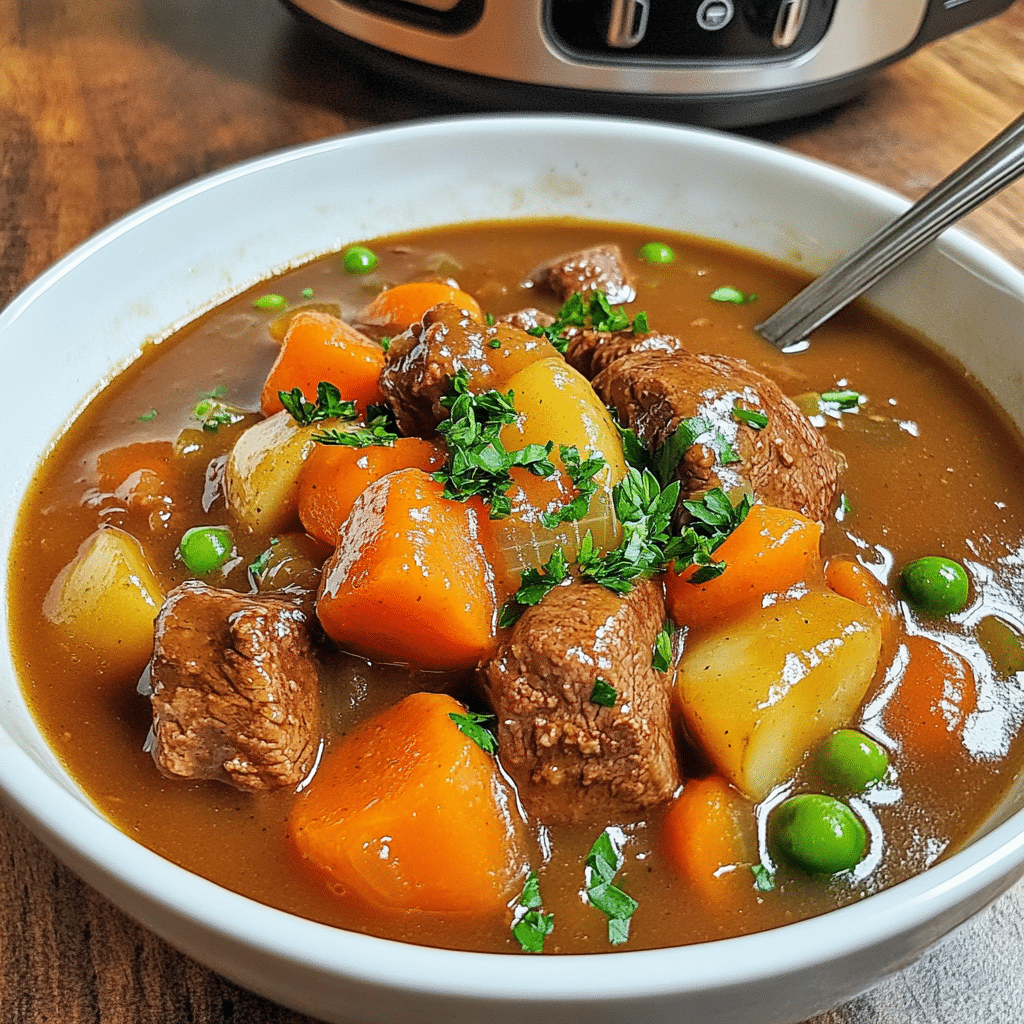 Close-up bowl of slow cooker beef stew with tender beef chunks, vegetables, and rich gravy