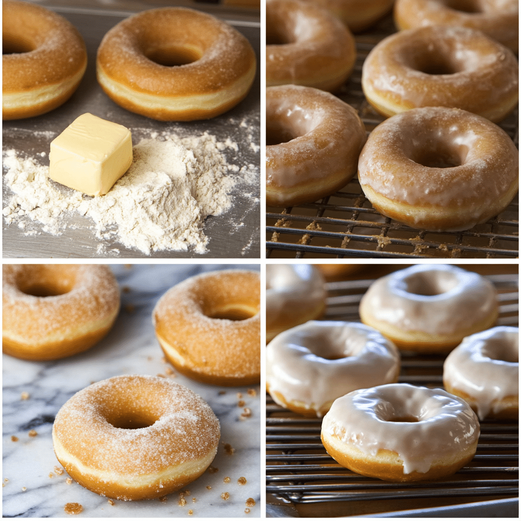 Four-panel collage showing mixing dough, chilling, cutting donut shapes, frying and glazing donuts