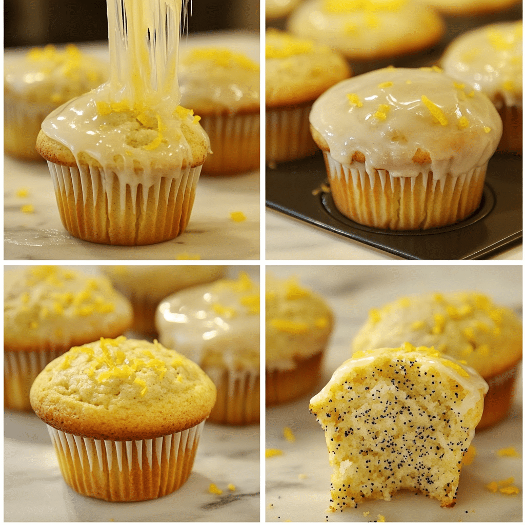 Four-panel collage showing zesting sugar, mixing batter, baking muffins, and glazing lemon poppy seed muffins