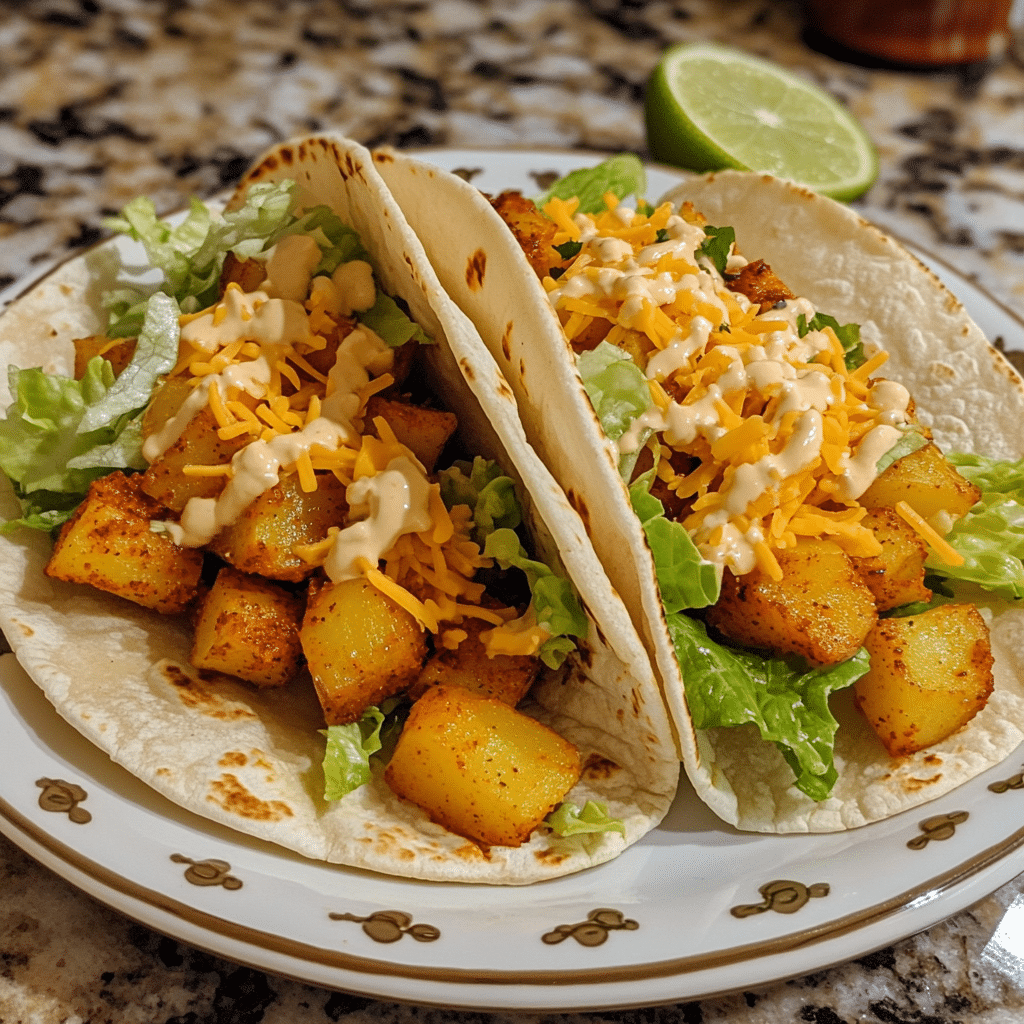 Copycat spicy potato soft tacos with crispy potatoes, lettuce, cheese, and creamy sauce