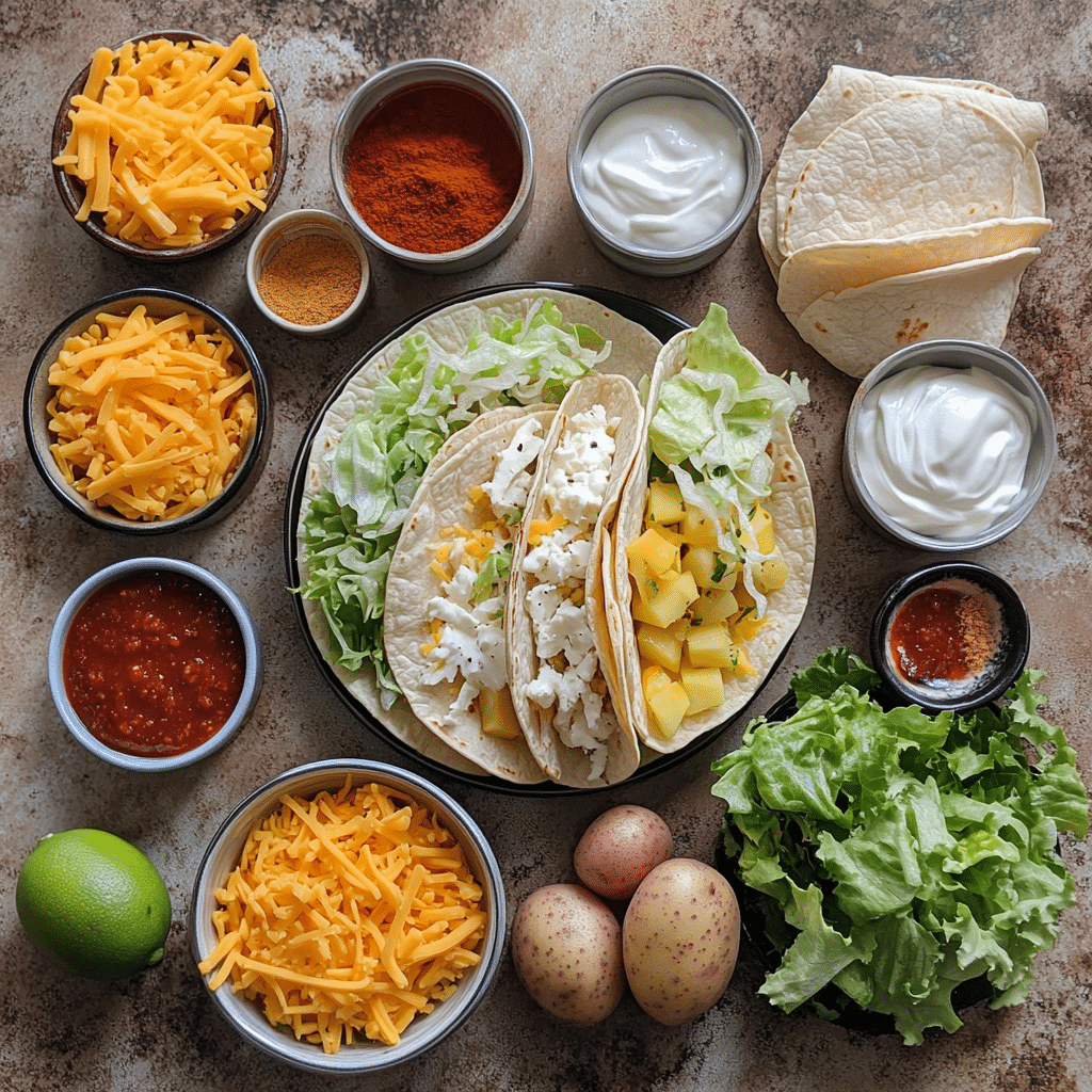 Ingredients for copycat spicy potato soft tacos including potatoes, tortillas, spices, lettuce, cheese, and creamy sauce items