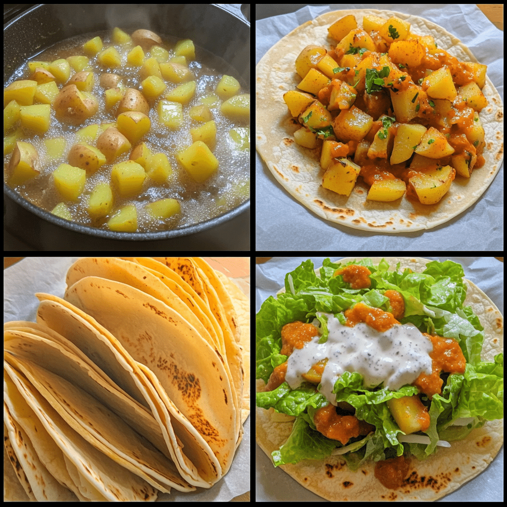Four panel collage showing boiling potatoes, seasoning, crisping in a skillet, and assembling spicy potato soft tacos