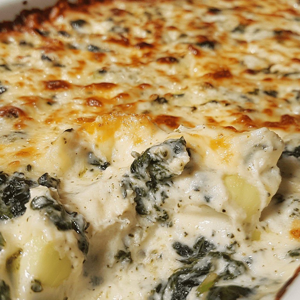 Close-up of spinach artichoke dip with melted cheese top and a chip scooping a bite