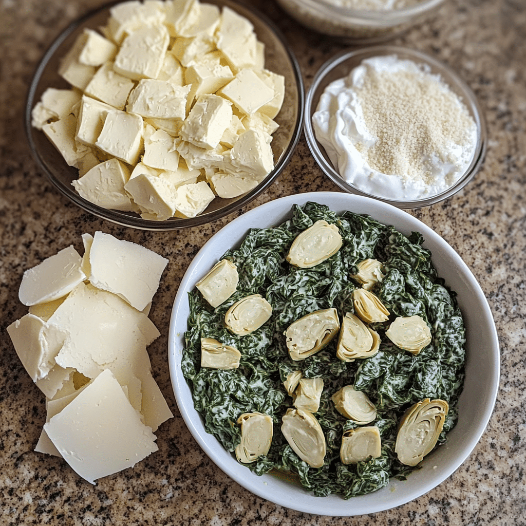 Overhead ingredients for spinach artichoke dip including spinach, artichoke hearts, cream cheese, sour cream, mozzarella, and parmesan-style topping