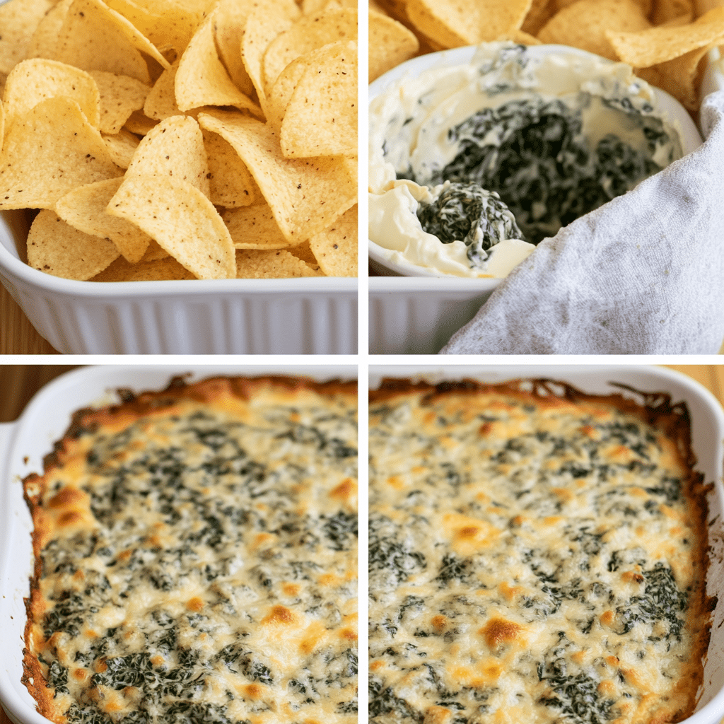 Four-panel collage showing squeezing spinach, mixing creamy base, assembling in a dish, and baked bubbly dip ready to serve