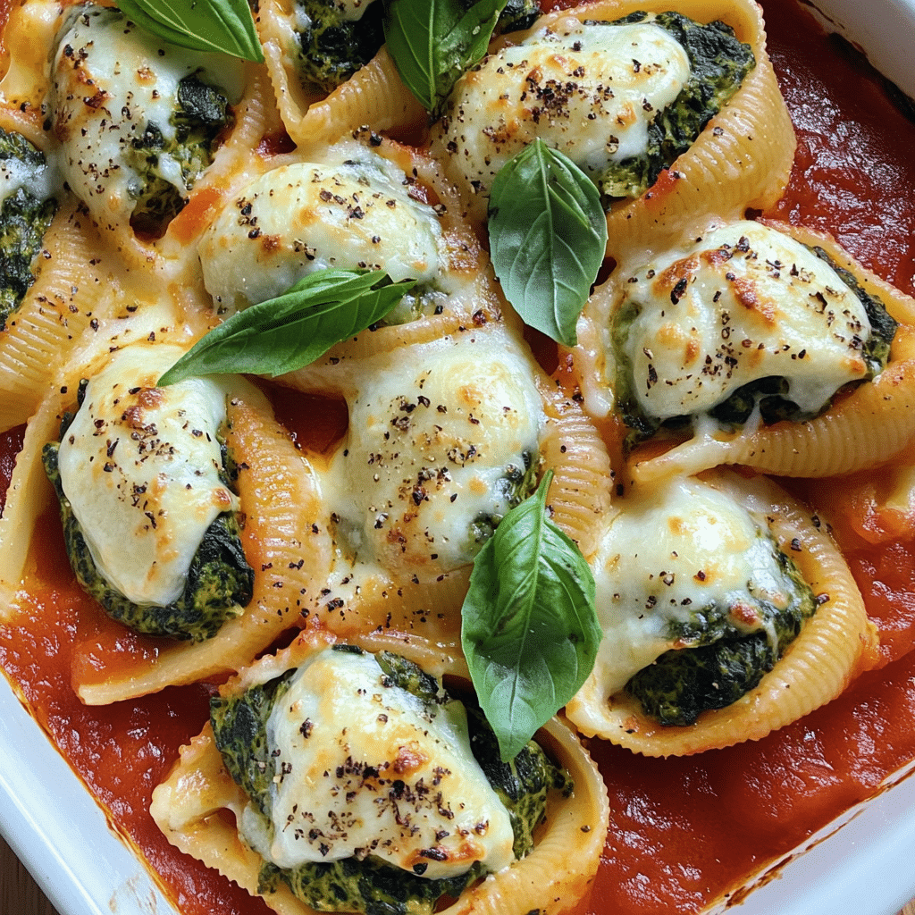 Baked spinach artichoke stuffed shells in marinara with melted cheese