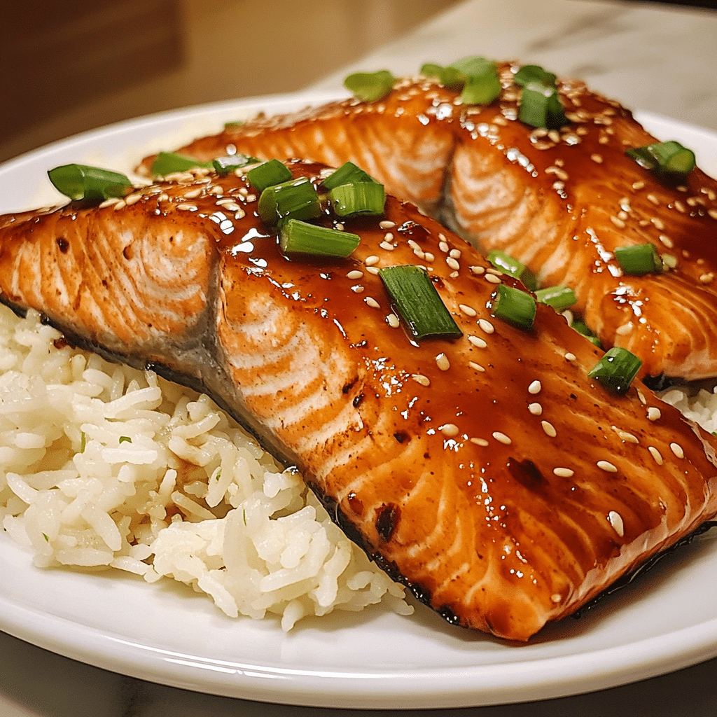 Glazed teriyaki salmon with sesame seeds and green onions next to rice