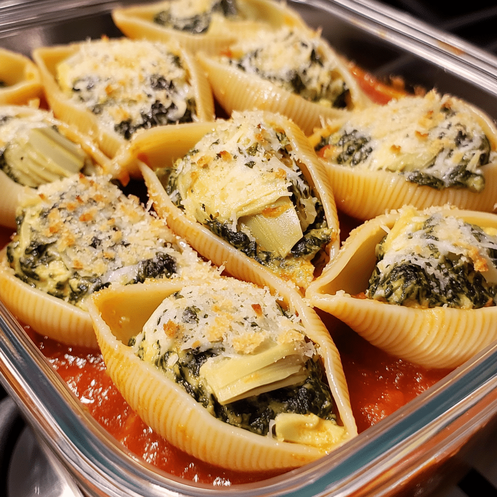 Leftover spinach artichoke stuffed shells in a meal prep container