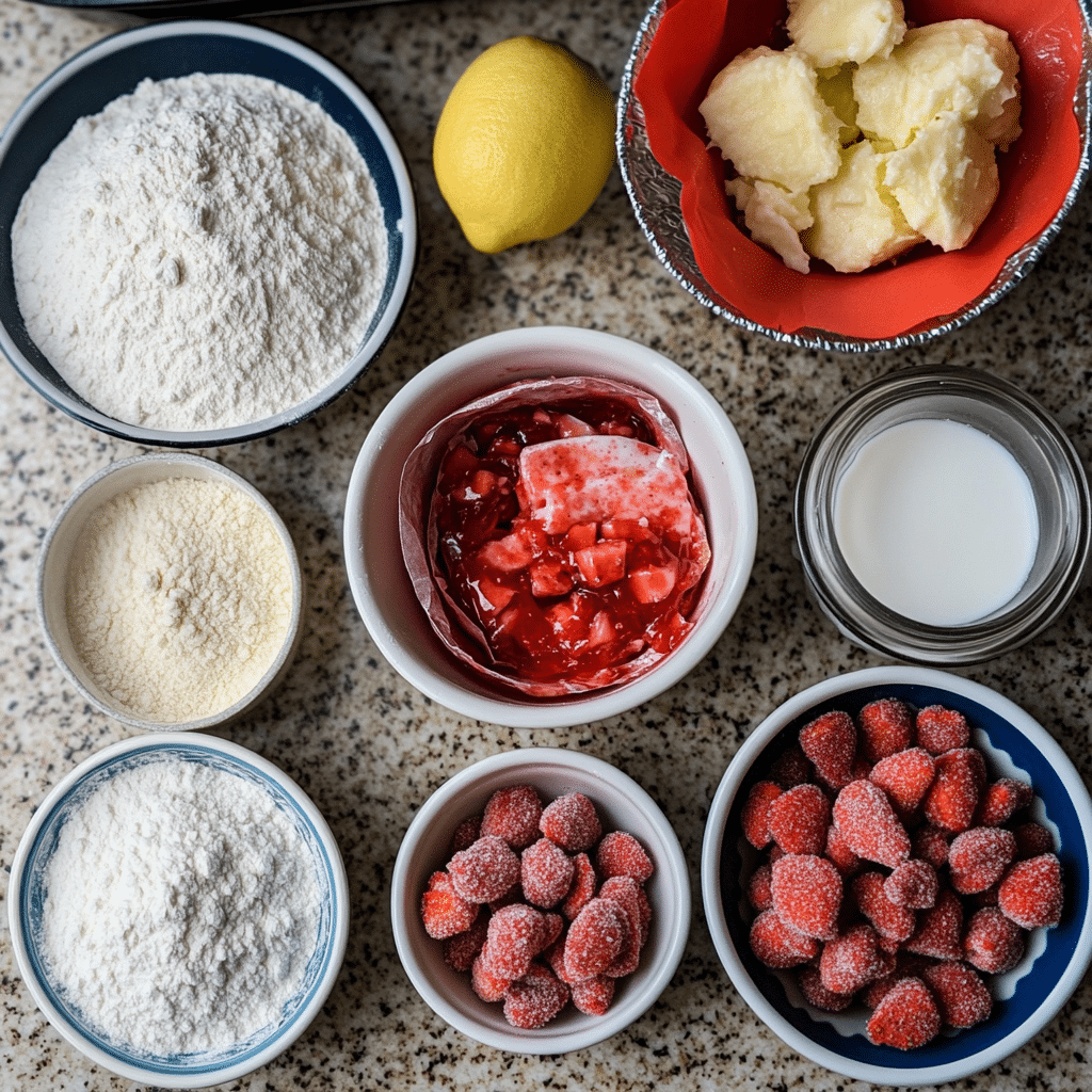 Ingredients for strawberry cinnamon rolls including strawberry pie filling, flour, yeast, butter, lemon, and cream cheese