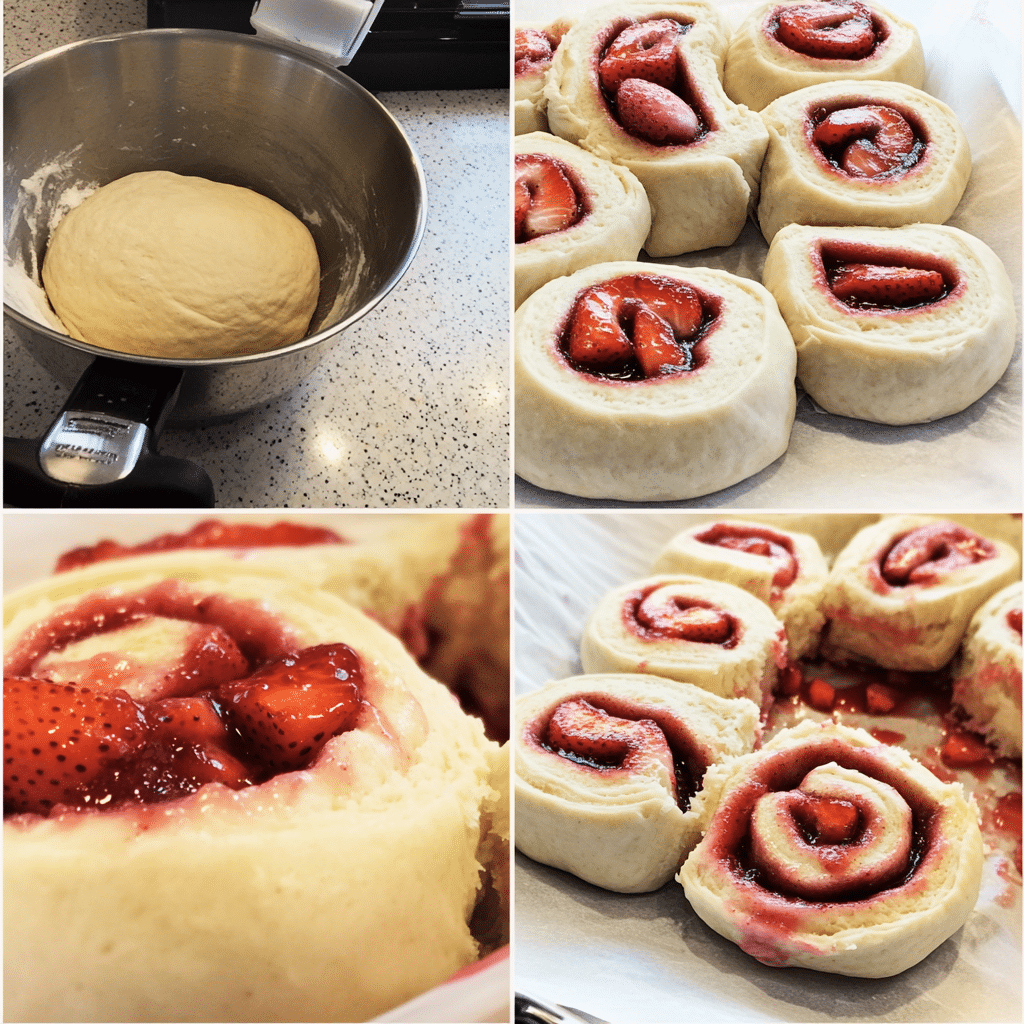 Four-panel collage showing steps for making strawberry cinnamon rolls