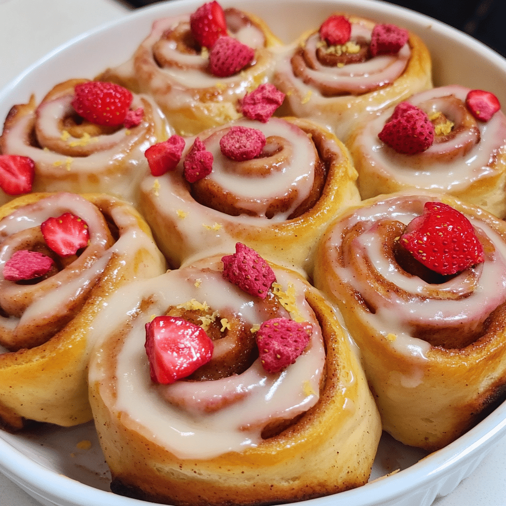 Strawberry cinnamon rolls in a baking dish topped with lemon cream cheese glaze