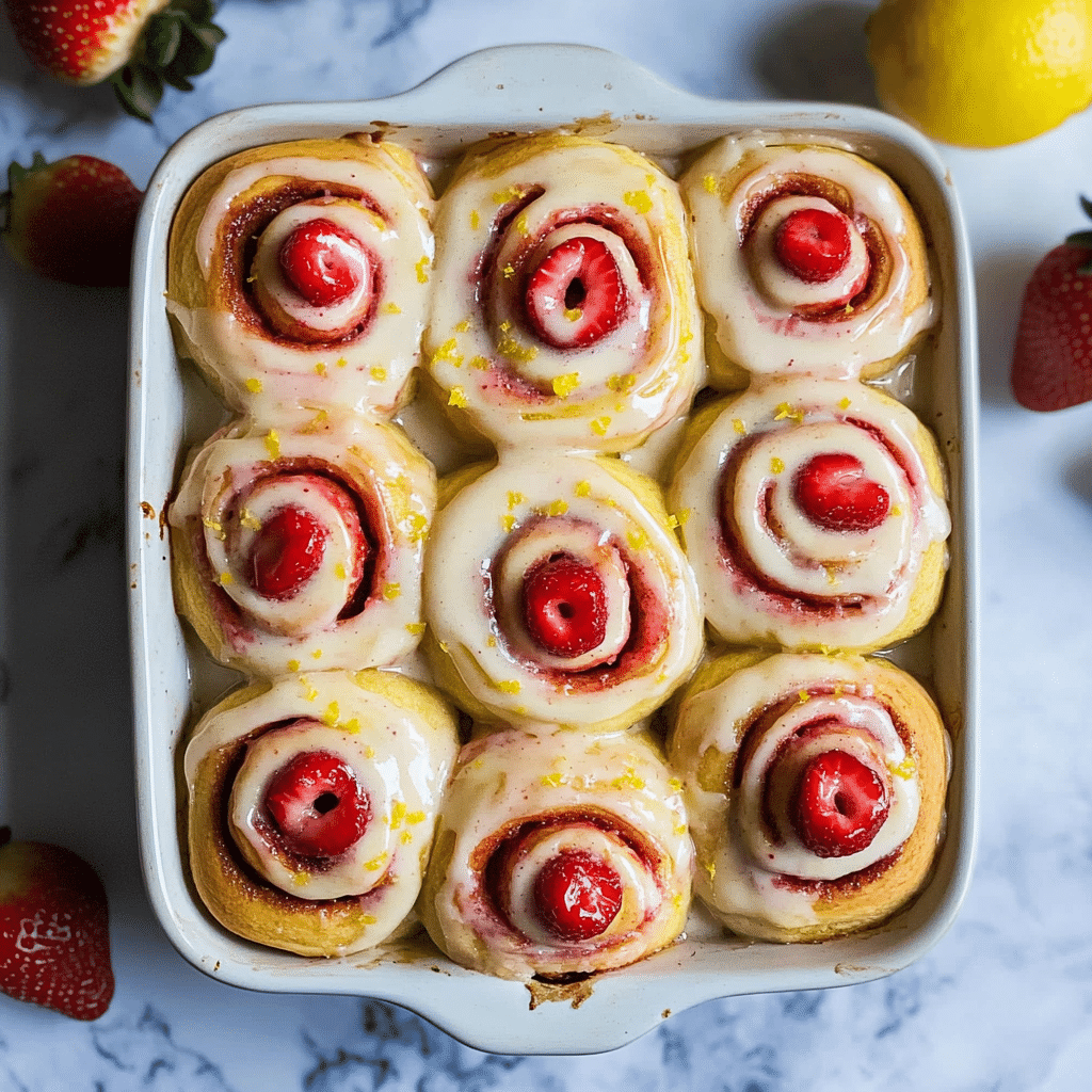 Strawberry cinnamon rolls in a baking dish with lemon cream cheese glaze