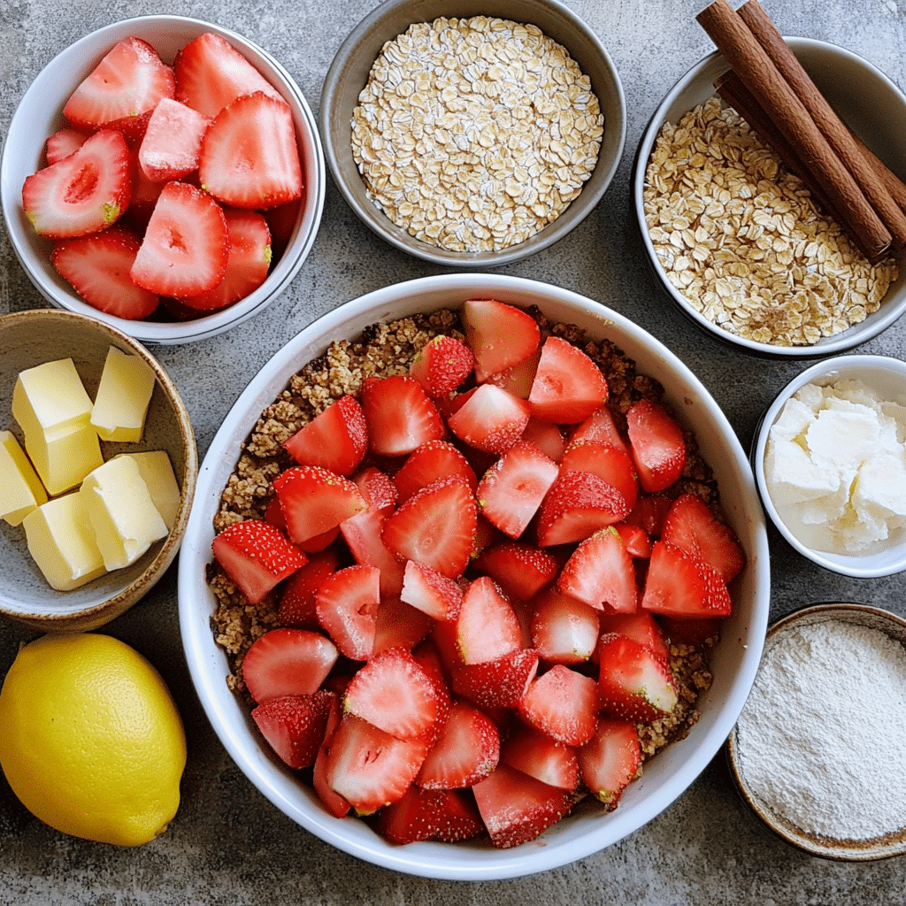 Overhead ingredients for strawberry rhubarb crisp including strawberries, rhubarb, sugar, cornstarch, oats, flour, butter, and spices