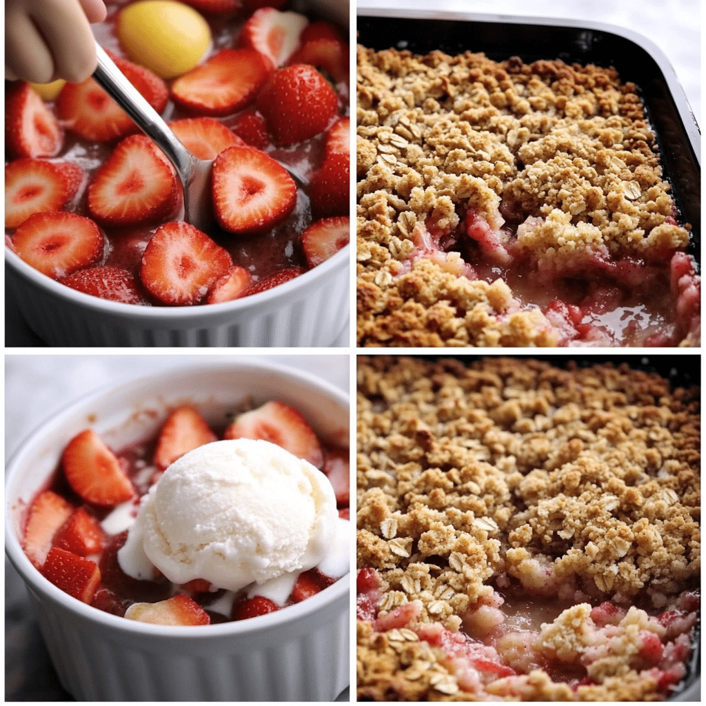 Four-panel collage showing mixing fruit filling, making oat crumble, assembling in a dish, and baked crisp served with ice cream
