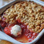 Close-up of strawberry rhubarb crisp with juicy fruit filling and golden crumble topping, served with melting vanilla ice cream