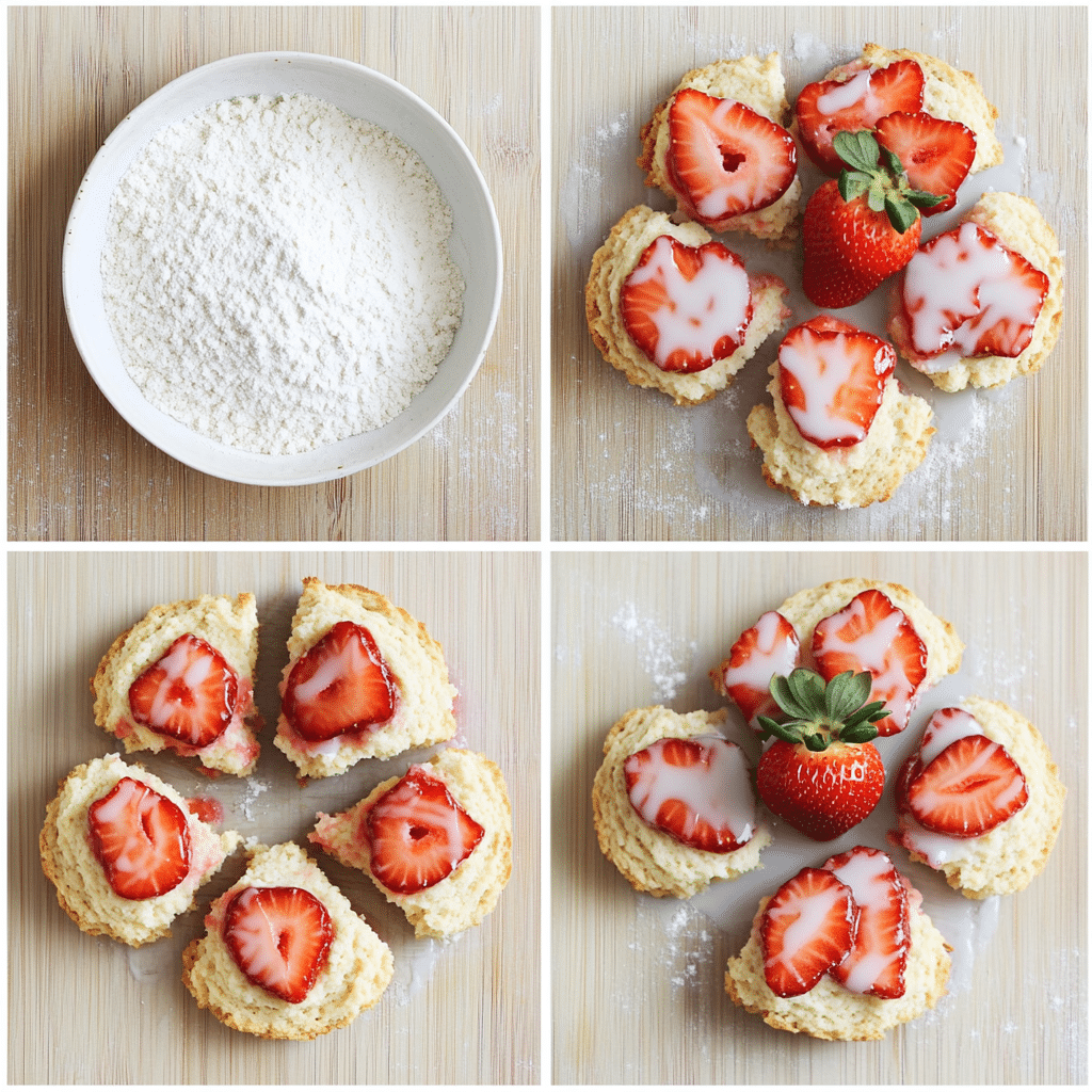 Four-panel collage showing making dough, baking scones, and glazing