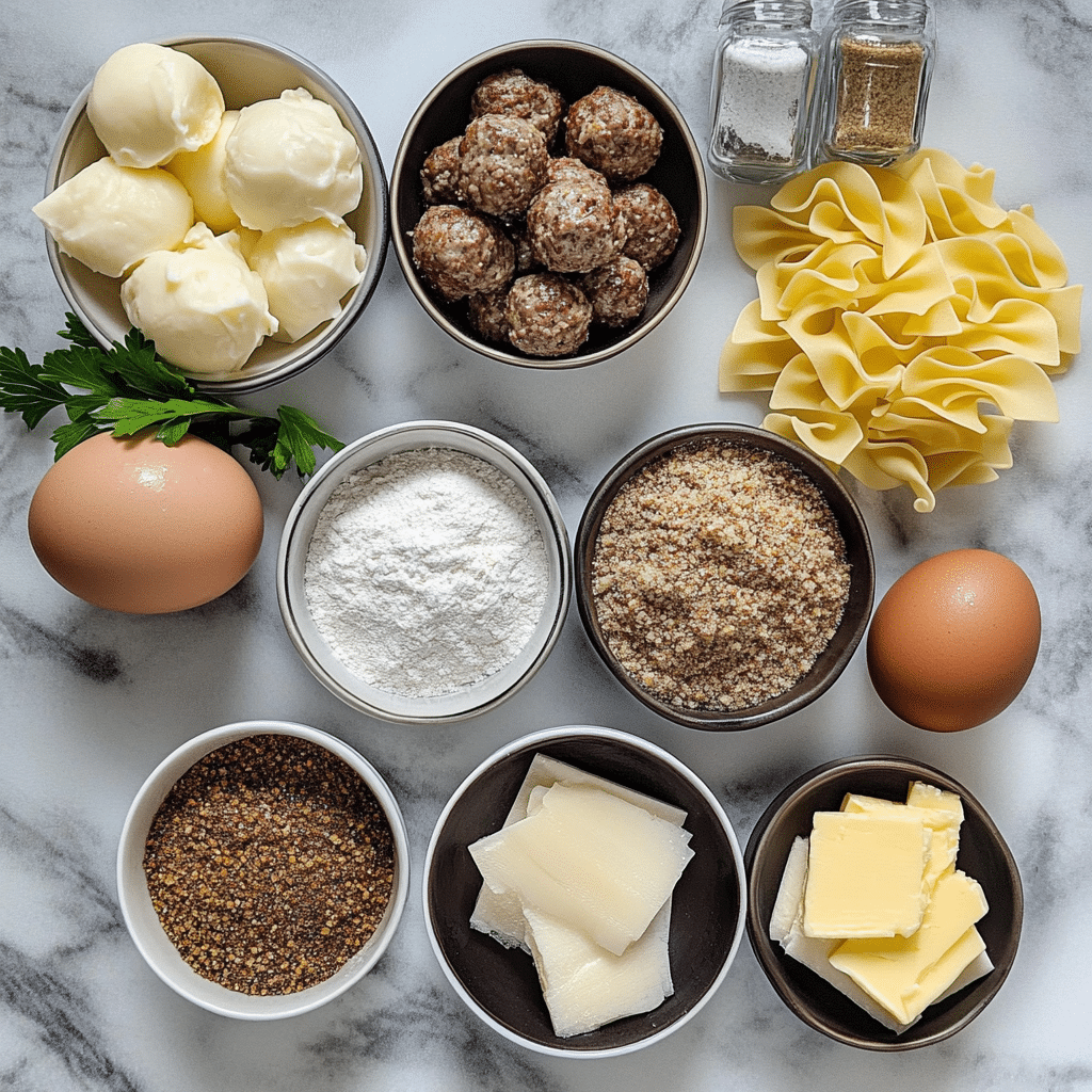 Overhead ingredients for Swedish meatballs including ground meats, breadcrumbs, milk, warm spices, broth, cream, and noodles