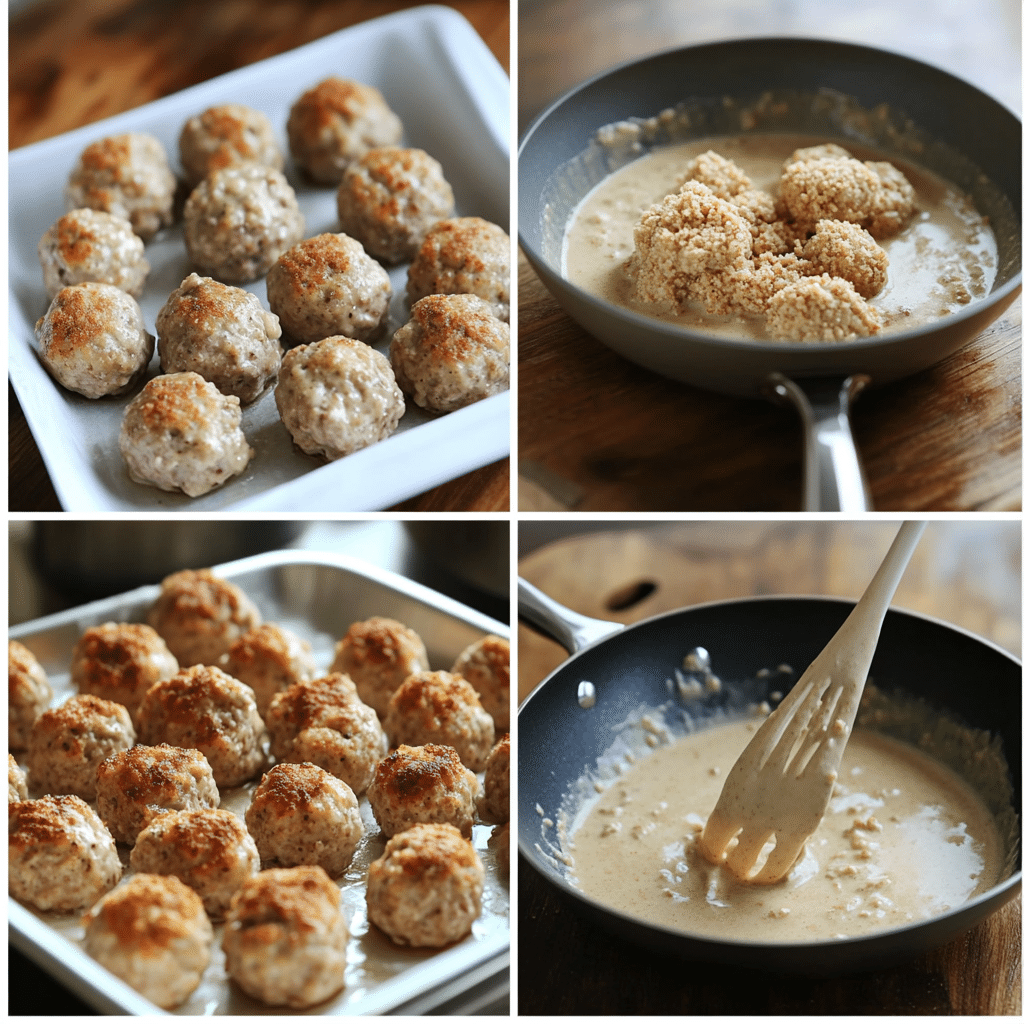 Four-panel collage showing mixing meatballs, rolling, browning, and finishing meatballs in creamy gravy