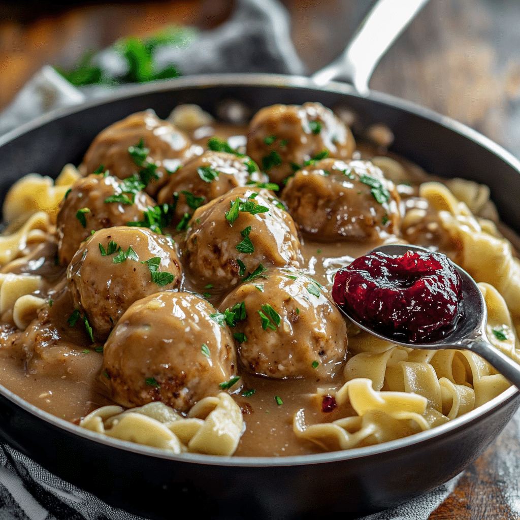 Close-up of Swedish meatballs in creamy gravy over egg noodles with a jam side and parsley