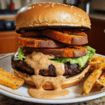 Close-up of a sweet potato black bean burger on a bun with lettuce and tomato on a plate