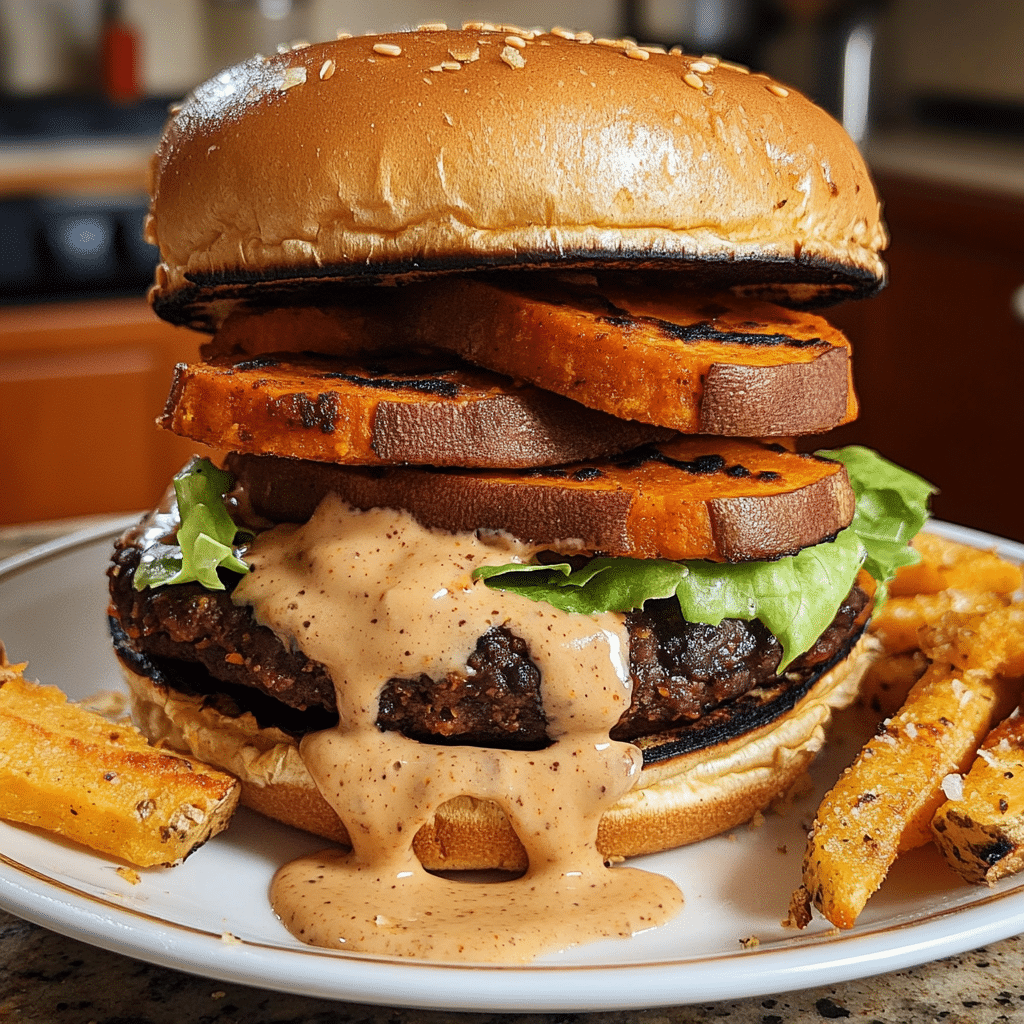Close-up of a sweet potato black bean burger on a bun with lettuce and tomato on a plate