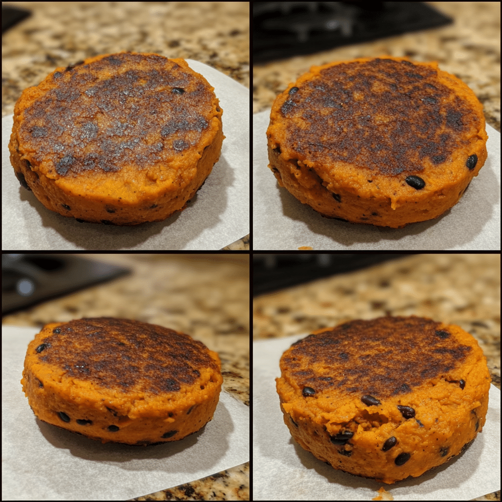 Overhead ingredients for sweet potato black bean burgers including mashed sweet potato, black beans, bread crumbs, spices, and toppings