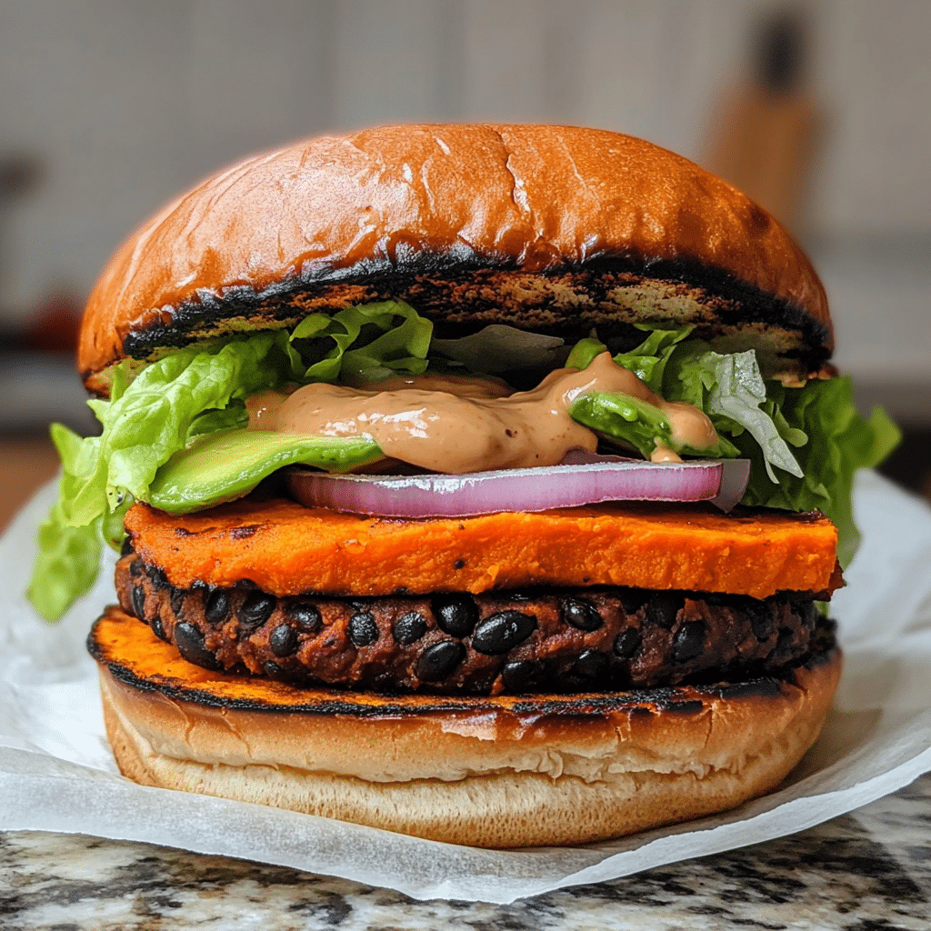Sweet potato black bean burger on a bun with avocado, lettuce, and red onion