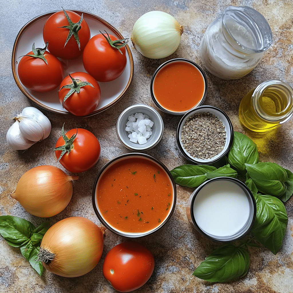 Ingredients for tomato basil soup including tomatoes onion garlic basil and broth