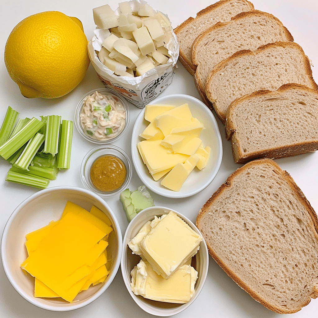 Ingredients for tuna melts including canned tuna, bread, cheese, celery, and mayonnaise