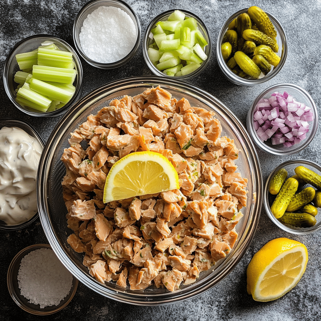Overhead ingredients for tuna salad including drained tuna, mayonnaise, celery, onion, mustard, and seasonings