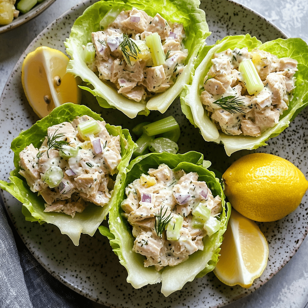Lettuce wraps filled with tuna salad and lemon wedges on the side
