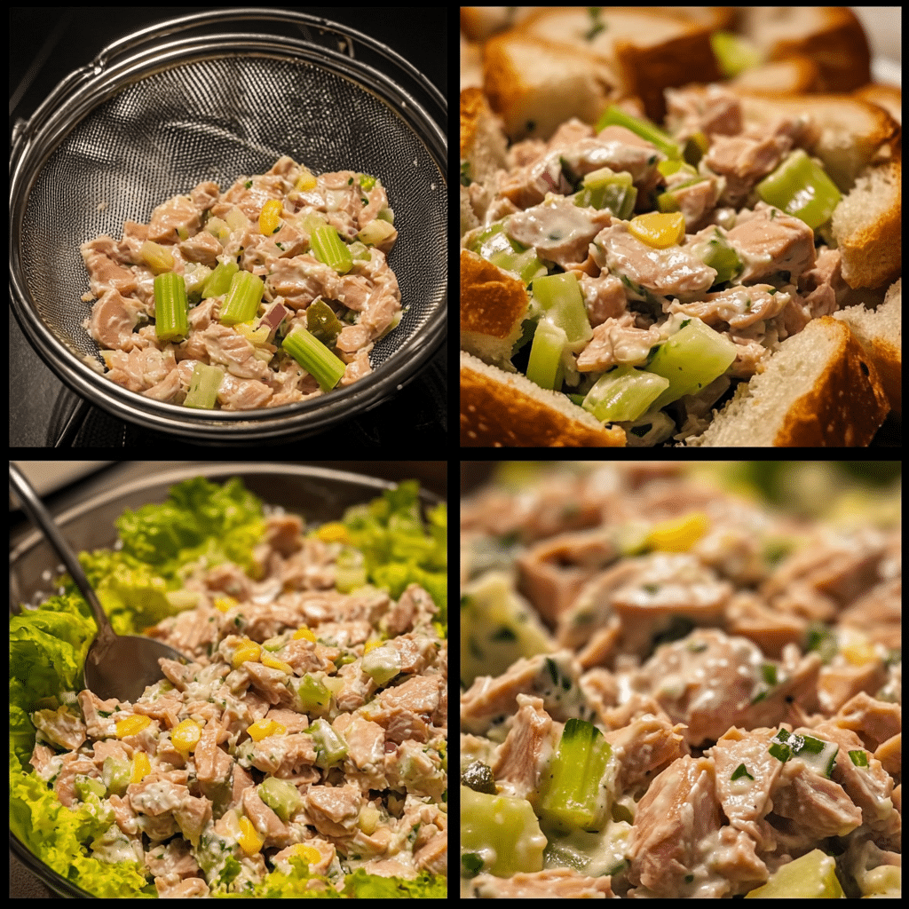Four-panel collage showing draining tuna, mixing dressing, combining ingredients, and serving tuna salad on bread or crackers