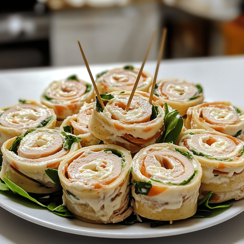 Close-up of turkey cheese pinwheels showing spiral layers on a plate