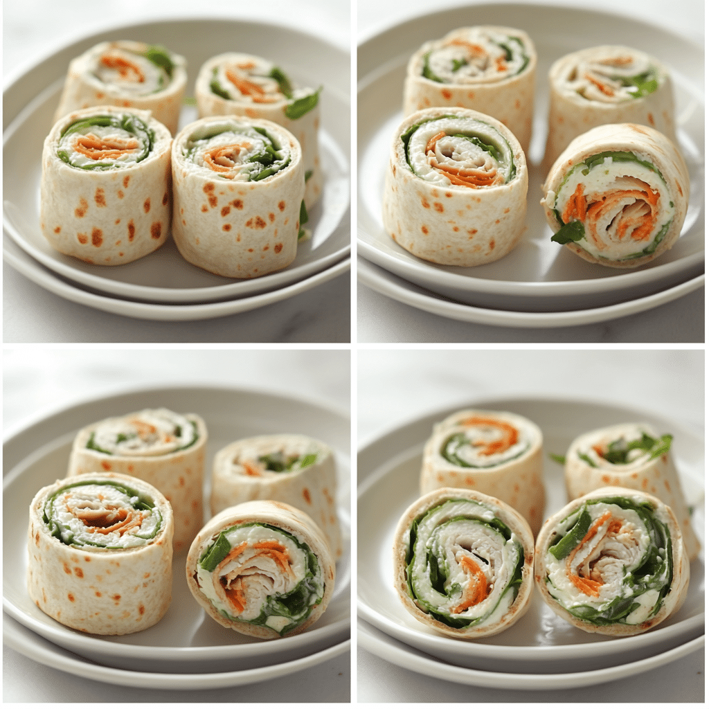 Four-panel collage showing spreading cream cheese, layering fillings, rolling and chilling, and slicing pinwheels on a plate